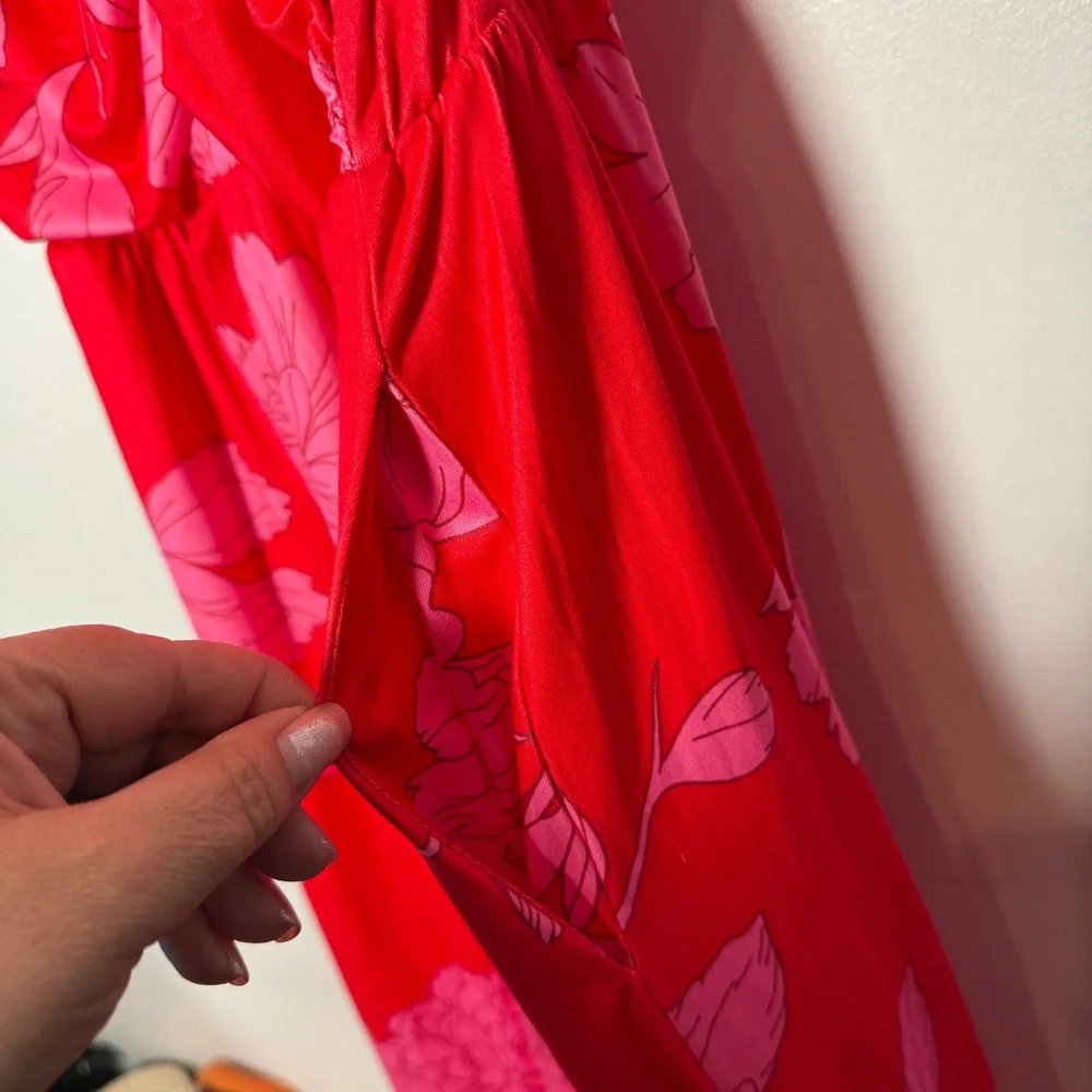 Cupshe Womens Floral Ruched V-Neck Maxi Dress Red Pink Large NWT - Picture 4 of 10